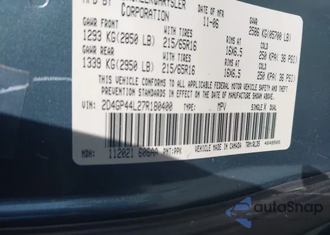 2007 Dodge Grand Caravan Sxt from USA, damaged, VIN 2D4GP44L27R180400